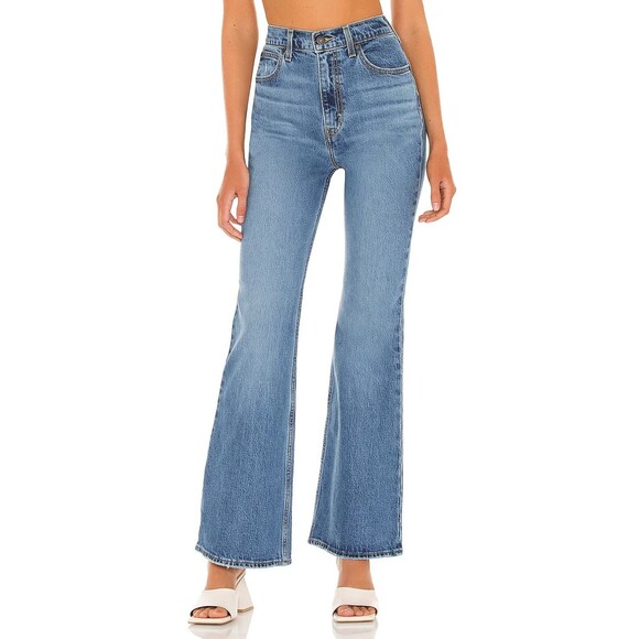 Levis Premium Womens Denim Jeans 70s High Rise Flare Med Blue Wide Leg NWT - Picture 10 of 13